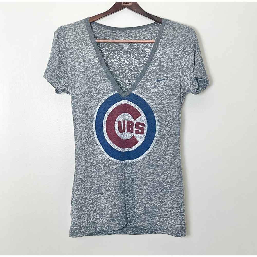 Nike Chicago Cubs Burnout V-Neck T-Shirt Womens Medium Grey Heathered Logo MLB